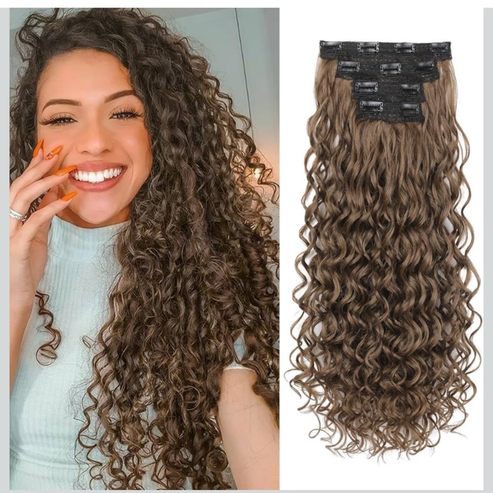 REECHO Curly Hair Extensions,4PCS 24 inch Clip in LaceWeft Invisible,Light Brown